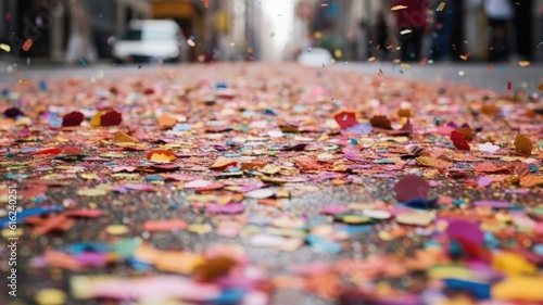 Close up colorful confetti on the street. Generative AI