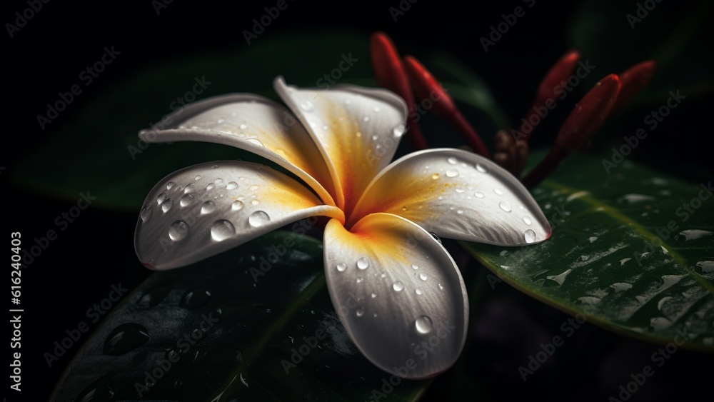 Tropical flower with water drops close up image. Generative AI