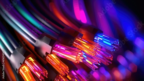 Colored electric cables and led. Optical fiber, intense colors, background for technology image and new business trends. Generative AI
