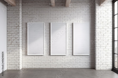 Mockup of three white frames alone on a wall. Generative AI