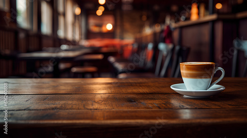  A wooden bar table in the foreground with a cup of coffee.Background out of focus. IA generative.