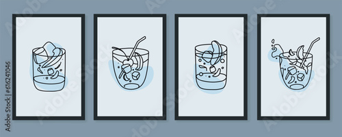 Cocktails line art drawing on blue background. Summer drinks outline. Drinks for cafe menu vector illustration