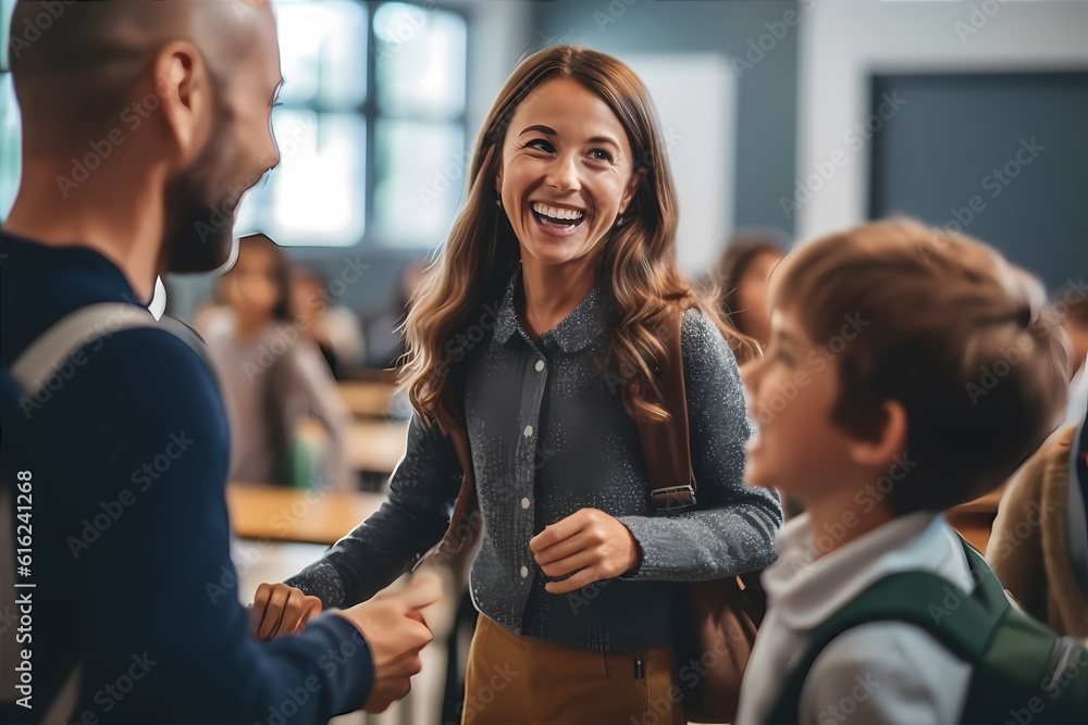 Teachers greeting students with warm smiles, ready to start a new academic year Teachers greeting students with warm smiles, ready to start a new academic year
