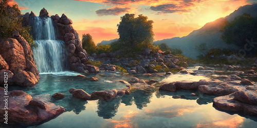 Fantasy landscape with waterfall, panorama. Generative AI