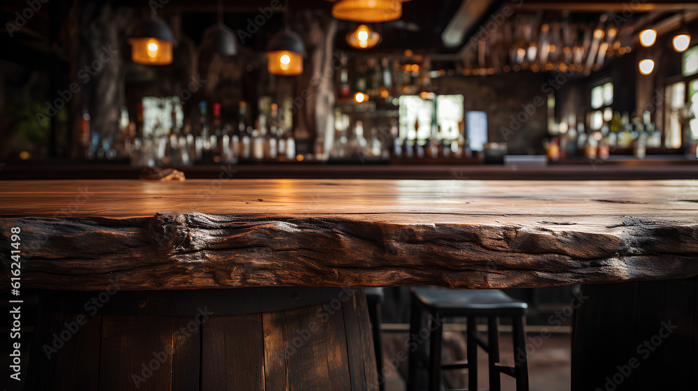 A wooden bar table in the foreground. IA generative. A wooden bar table in the foreground. IA generative.