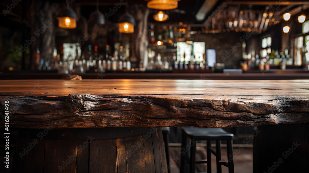 A wooden bar table in the foreground. IA generative.