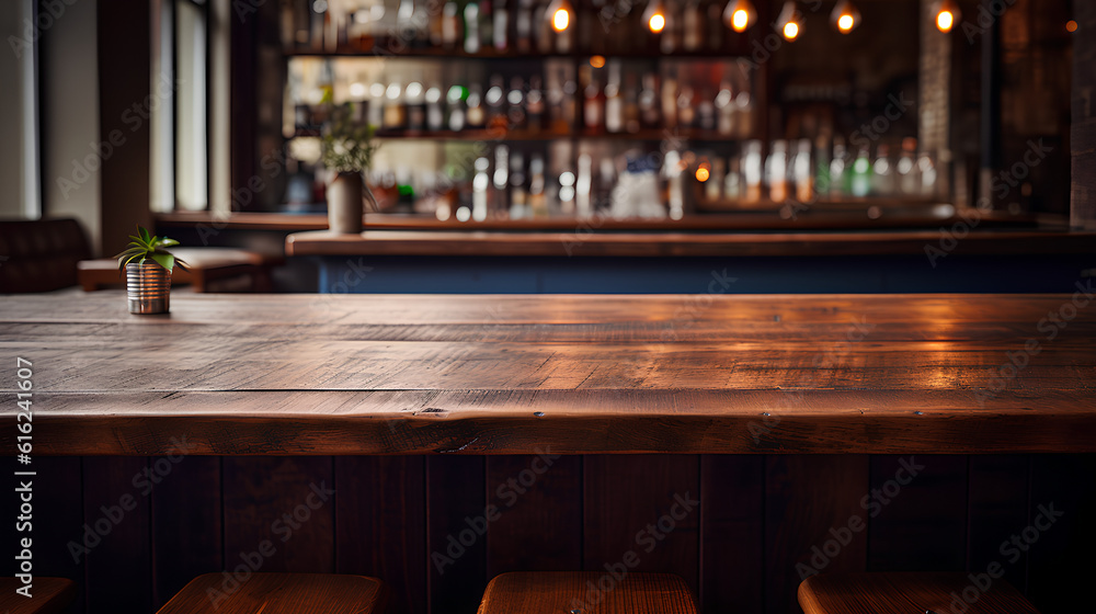 A wooden bar table in the foreground. IA generative.
