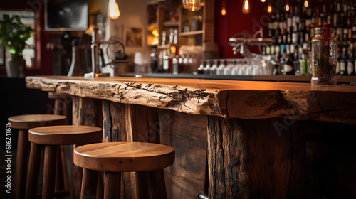 A wooden bar table in the foreground. IA generative.
