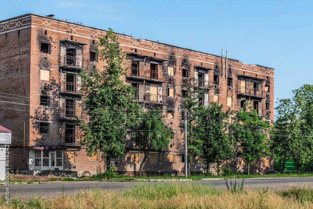 Burnt bombed multi-storey residential building on the Ploshcha 40-Yi Armiyi square in Trostyanets, Sumy region, Ukraine, June 18, 2023. The result of the terrorist war of russia in the Ukrainian town