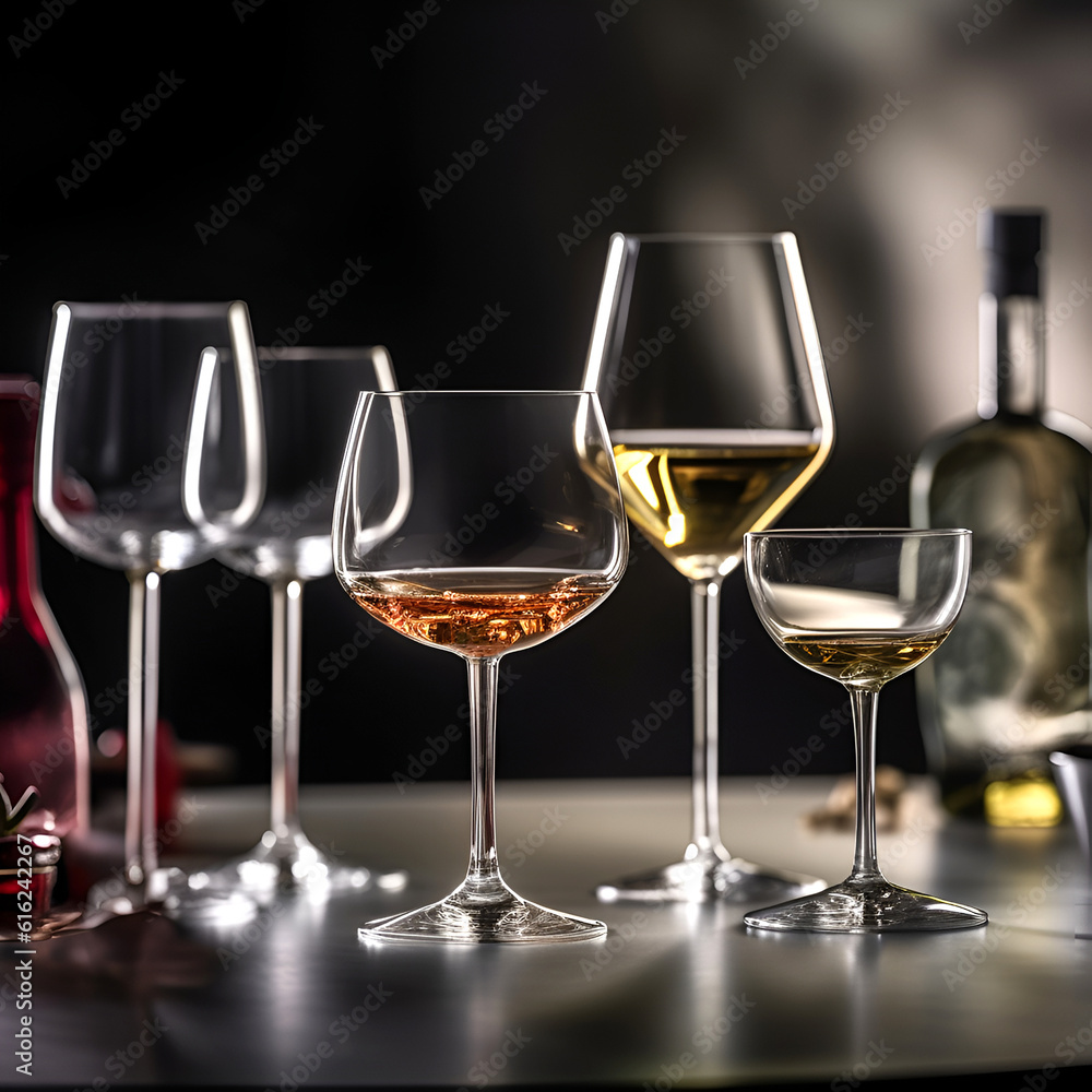 Empty transparent wine glasses on a table on dark background. AI generated