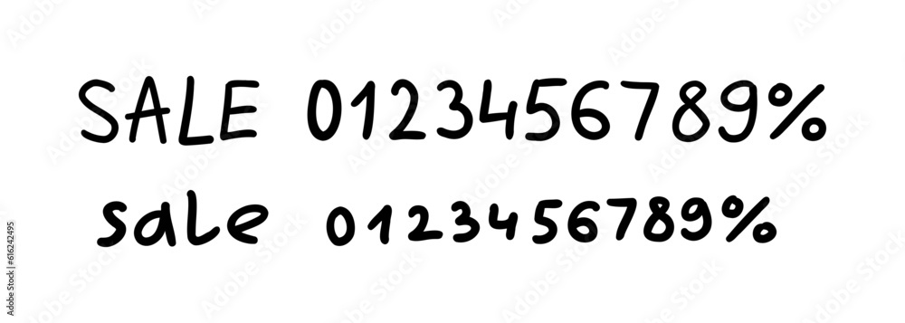 Obraz premium Hand drawn any percent off black ink discount logo special offer lettering. Vector design illustration in cartoon doodle style isolated on white background. For discount, poster, card, web site, shop.