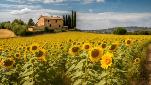 A lovely Italian landscape with fields of sunflowers and a blue sky, --ar 16:9