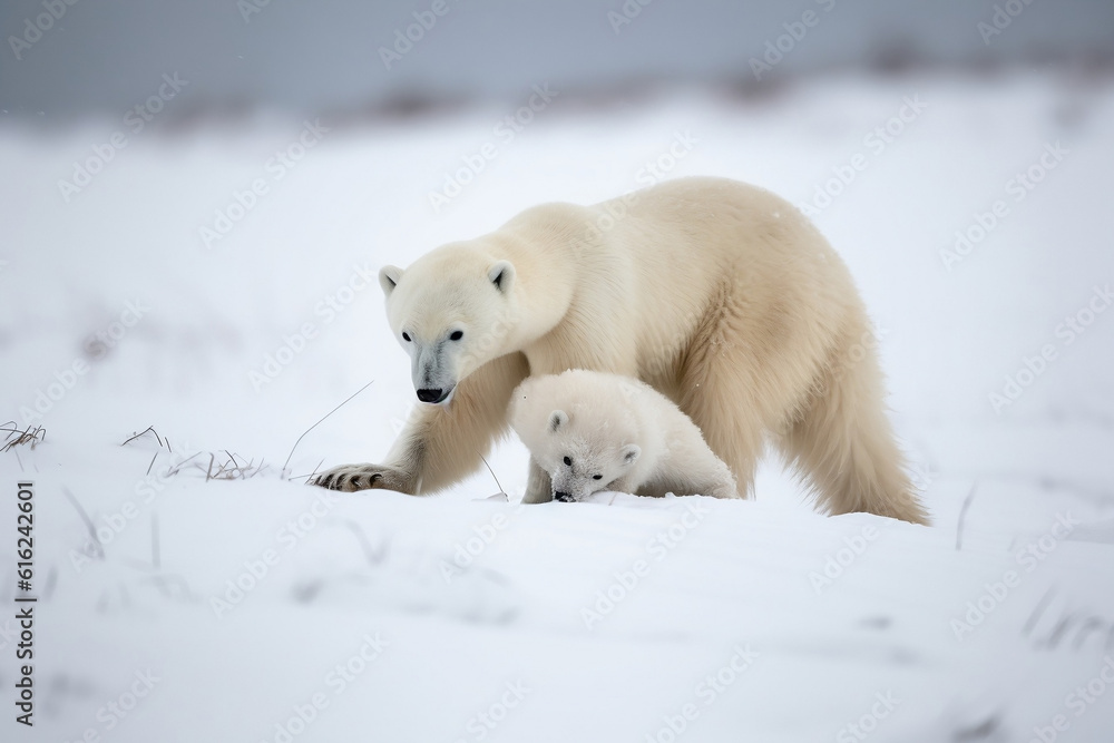 Untamed Play: Polar Bear Cub and Arctic Fox in Arctic Wilderness Untamed Play: Polar Bear Cub and Arctic Fox in Arctic Wilderness