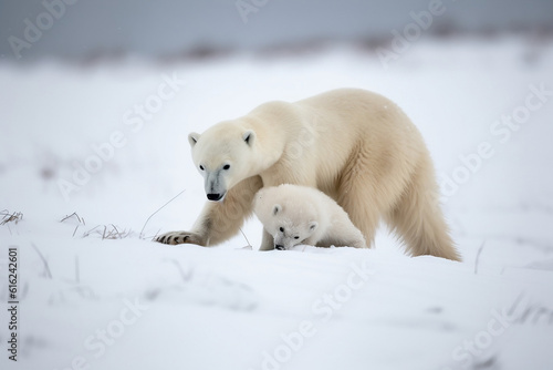 Untamed Play: Polar Bear Cub and Arctic Fox in Arctic Wilderness