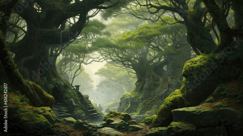 Roaming through dense forests, enveloped in the tranquility of ancient trees, evokes a profound connection to the Earth's timeless wonders. Generative AI © Kanisorn