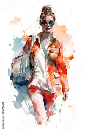 Watercolor woman on vacation fashion illustration on white background. Ai generated