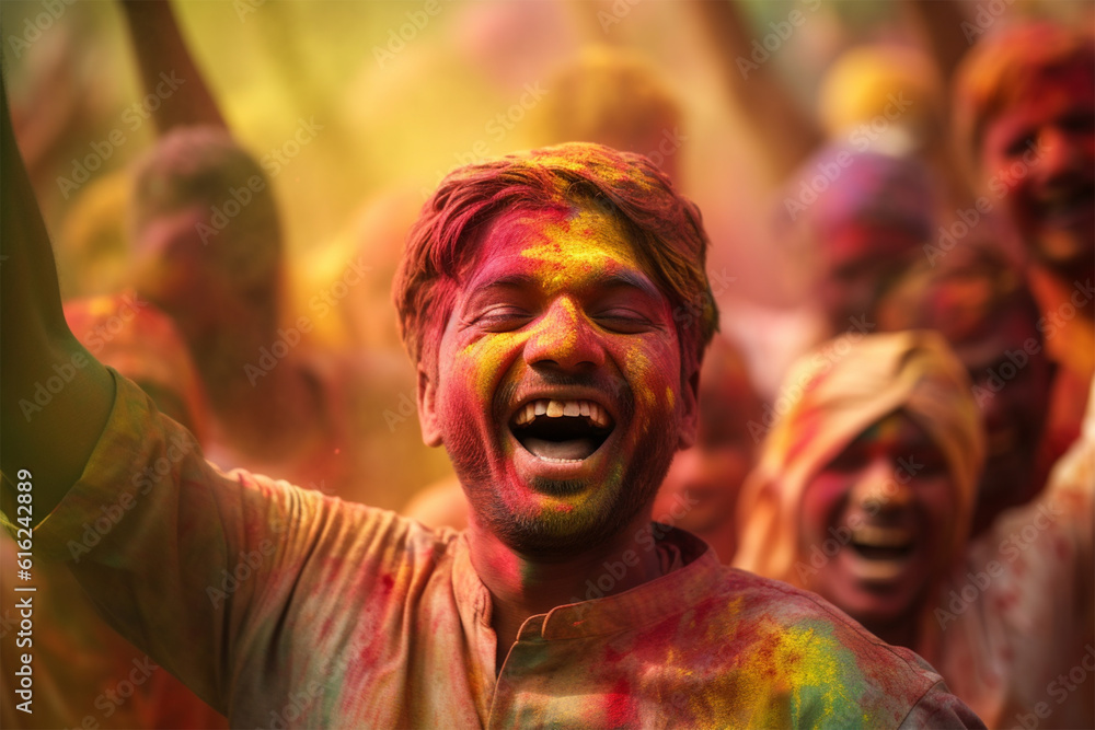 happy hindu indian people celebrate holi festival by throwing colorful powder at each other.