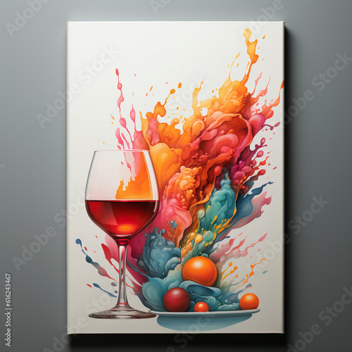 Colorful paint and sip watercolor canvas with red wine glass 