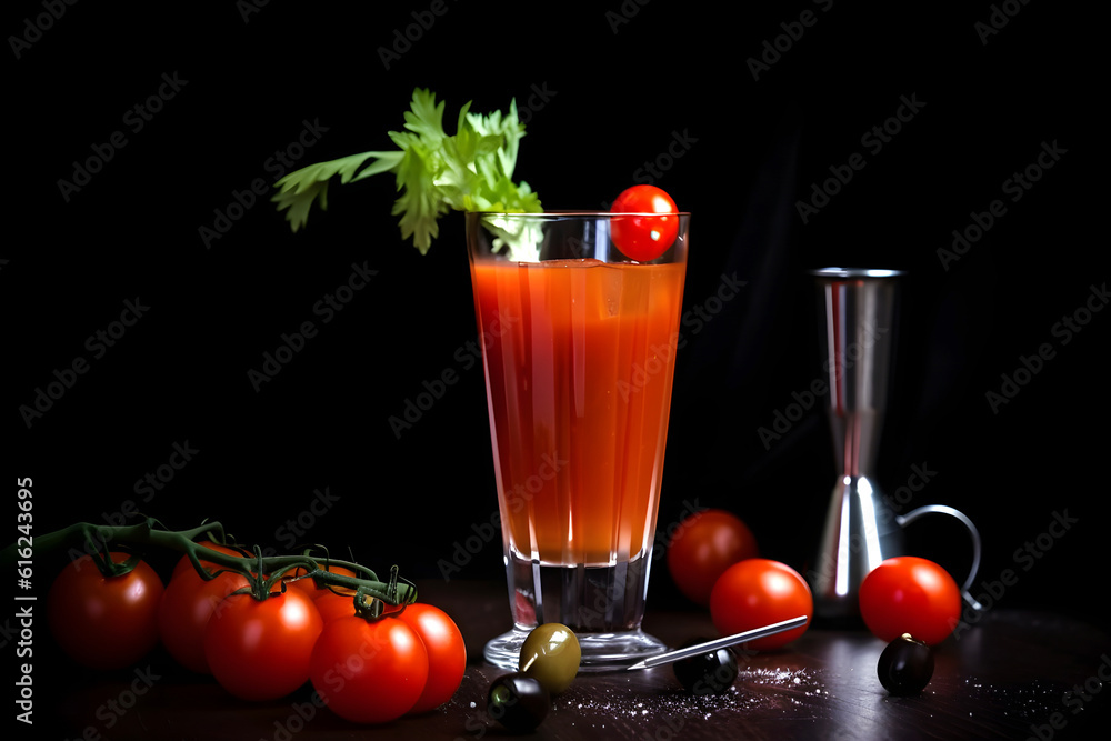 Bloody Mary cocktail in glass on black background. AI generated Bloody Mary cocktail in glass on black background. AI generated