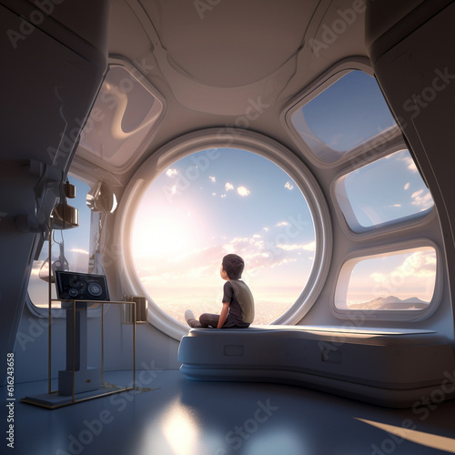 child sitting on the bed looking out the window inside a spaceship