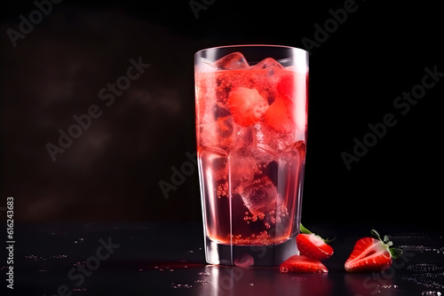 Glass of strawberry alcoholic cocktail on black background with copy space. AI generated