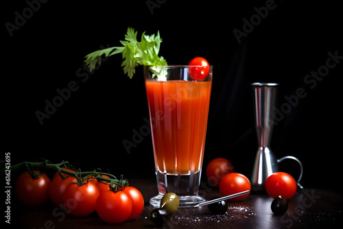 Bloody Mary cocktail in glass on black background. AI generated