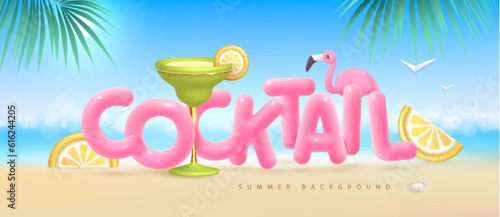 Summer beach background with 3d letters and margarita cocktail. Colorful summer scene. Vector illustration