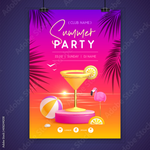Summer disco party poster with 3d stage and cosmopolitan cocktail. Colorful summer beach scene. Vector illustration