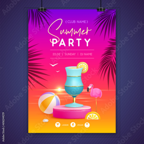 Summer disco party poster with 3d stage and blue lagoon cocktail. Colorful summer beach scene. Vector illustration