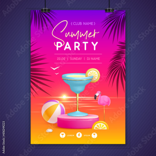 Summer disco party poster with 3d stage and blue lagoon cocktail. Colorful summer beach scene. Vector illustration