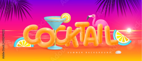 Summer beach background with 3d letters, flamingo and cocktail blue lagoon. Colorful summer scene. Vector illustration