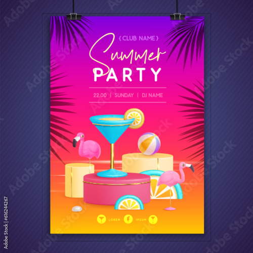 Summer disco party poster with 3d stage and  blue lagoon cocktail. Colorful summer beach scene. Vector illustration