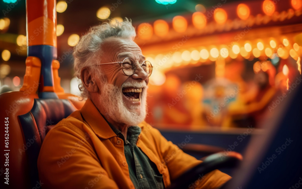 A happy elderly man laughs and has fun on a bumper car A happy elderly man laughs and has fun on a bumper car