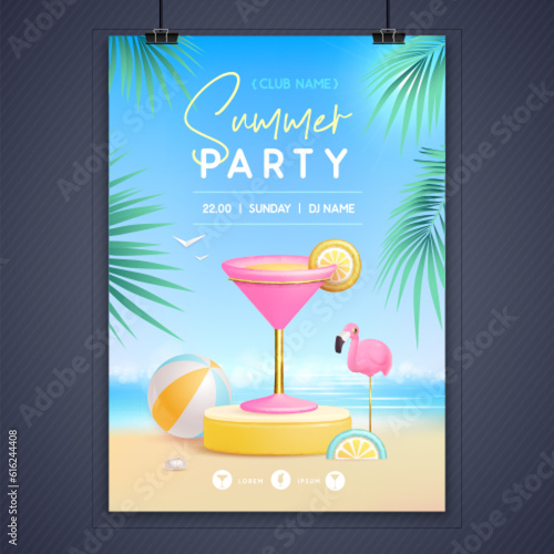 Summer disco party poster with 3d stage and cosmopolitan cocktail. Colorful summer beach scene. Vector illustration