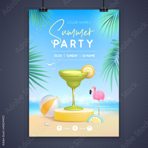 Summer disco party poster with 3d stage and margarita cocktail. Colorful summer beach scene. Vector illustration