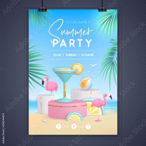 Summer disco party poster with 3d stage and  blue lagoon cocktail. Colorful summer beach scene. Vector illustration
