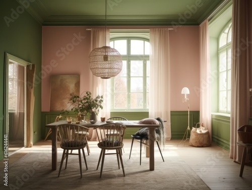 Pink and green cottage style interior room. Generative AI