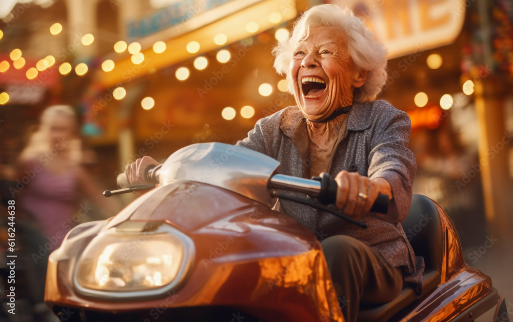 A happy elderly woman laughs and has fun on a bumper car