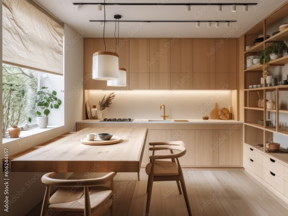 Contemporary wooden dining room and kitchen. Generative AI Contemporary wooden dining room and kitchen. Generative AI