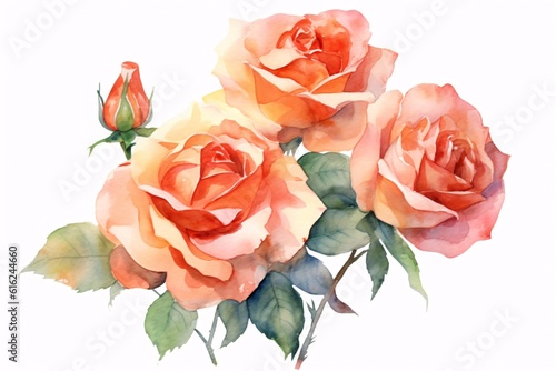 Flowers roses  branches  leaves and buds on an isolated white background  watercolor illustration  floral design. Generative Ai.
