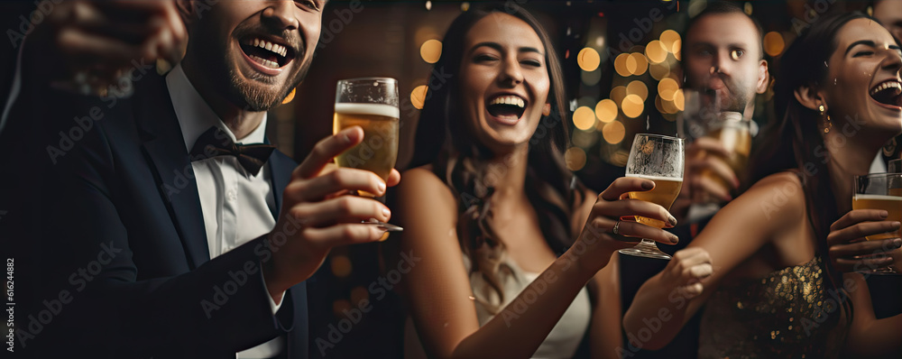 Young people at a party with a beer. A smile on faces. generative ai Young people at a party with a beer. A smile on faces. generative ai