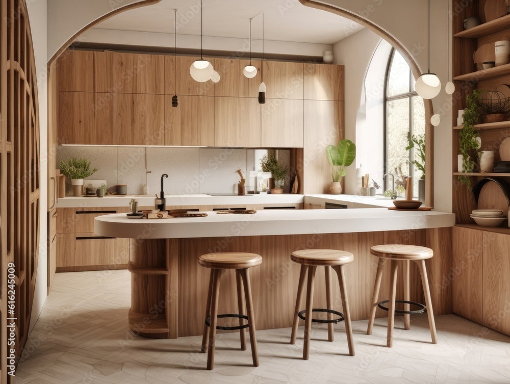 Contemporary wooden dining room and kitchen. Generative AI Contemporary wooden dining room and kitchen. Generative AI