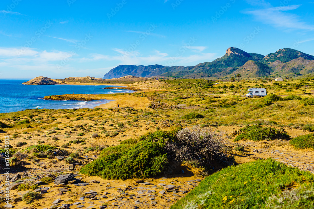 Fototapeta premium Spanish coast with caravan camping in the distance
