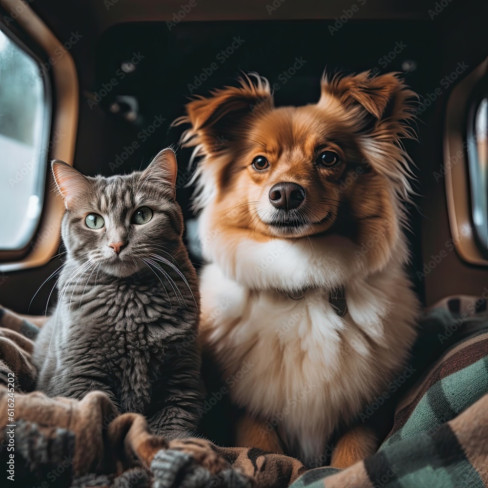 Funny dog and cat travelling together inside RV camper with a blanket