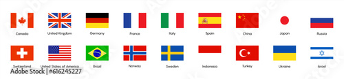 National flags icons vector, main flag languages set. UK, Germany, USA, Russia, China,France. Isolated circle buttons on white background. Website language choice symbols. Vector 10 eps.