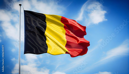 The Belgium Flag waving proudly in the wind, surrounded by a clear blue sky and fluffy white clouds, evoking a sense of national pride and unity