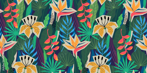 Abstract collage seamless pattern of tropical jungle leaves and flowers. Bright colourful vector design.