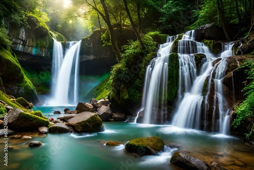  serene mountain beside a mesmerizing waterfall that sparkles with a kaleidoscope of colors. 