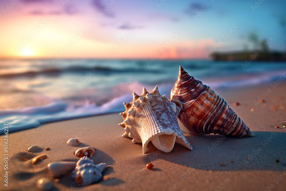 Seashells on the beach at sunset ai generated Seashells on the beach at sunset ai generated