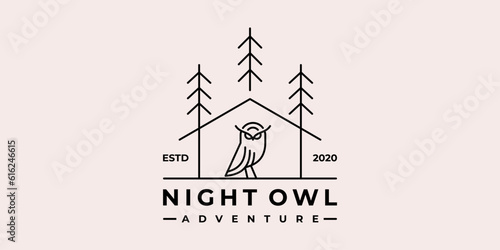 home night owl adventure outdoor logo design line art outline icon symbol vector illustration.